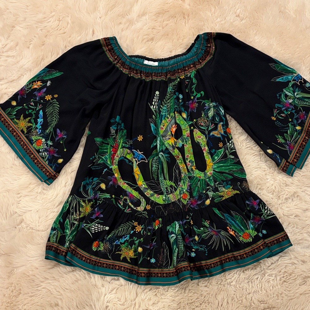 Camilla Black and Teal Floral Patterned Mini Tunic